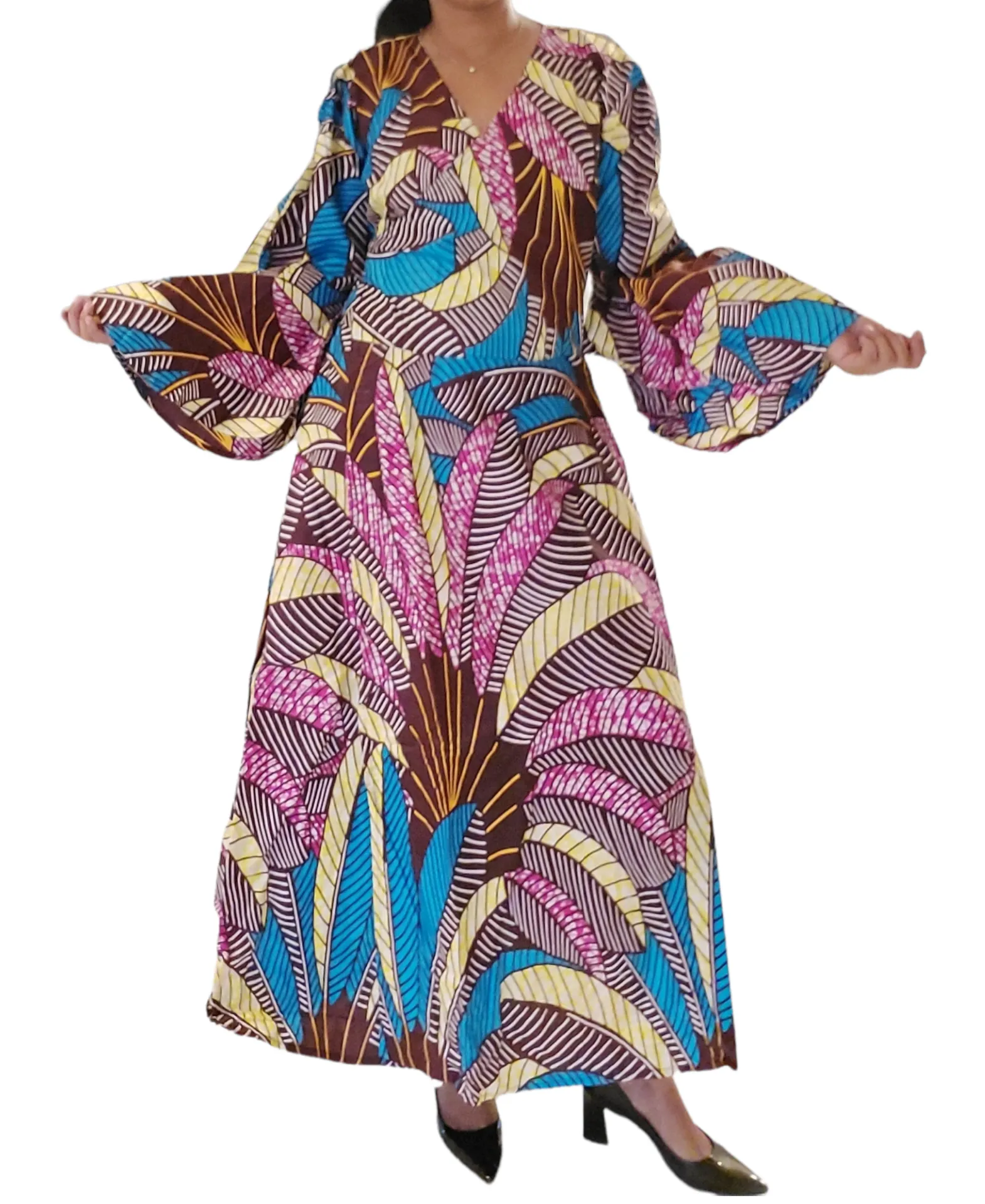 1014 - Long Wrap Dress / Long Bell Sleeves- Pink