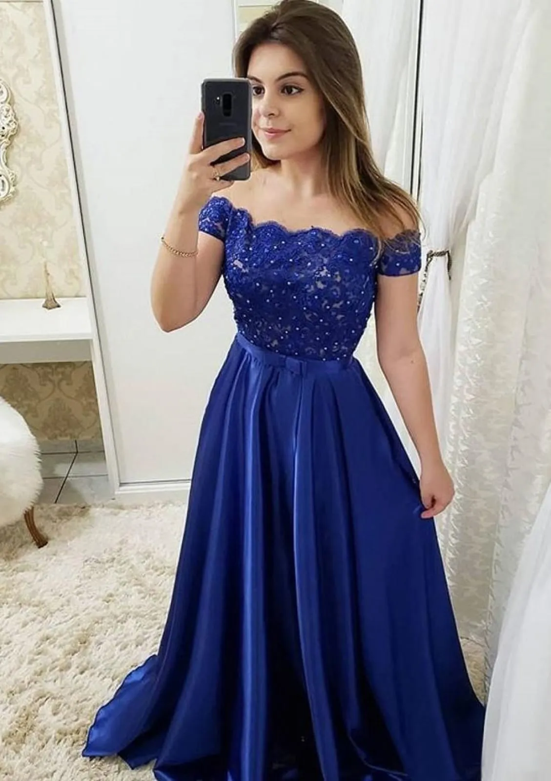 A-line Off Shoulder Scalloped Burgundy Charmeuse Prom Dress, Beaded Lace