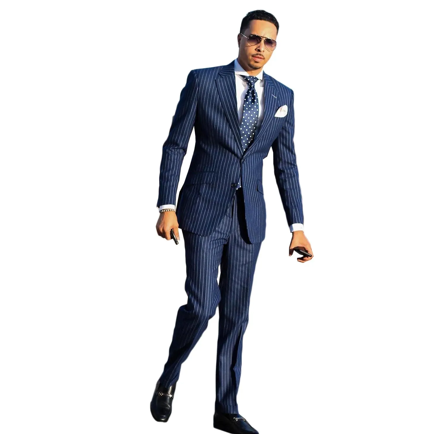 Aidase Navy Men's Suit 2 Pieces Blazer Pants Single Breasted Peaked Lapel Formal Pinstripes Wedding Groom Formal Tailored Costume Homme