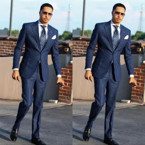Aidase Navy Men's Suit 2 Pieces Blazer Pants Single Breasted Peaked Lapel Formal Pinstripes Wedding Groom Formal Tailored Costume Homme