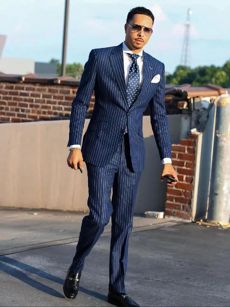 Aidase Navy Men's Suit 2 Pieces Blazer Pants Single Breasted Peaked Lapel Formal Pinstripes Wedding Groom Formal Tailored Costume Homme