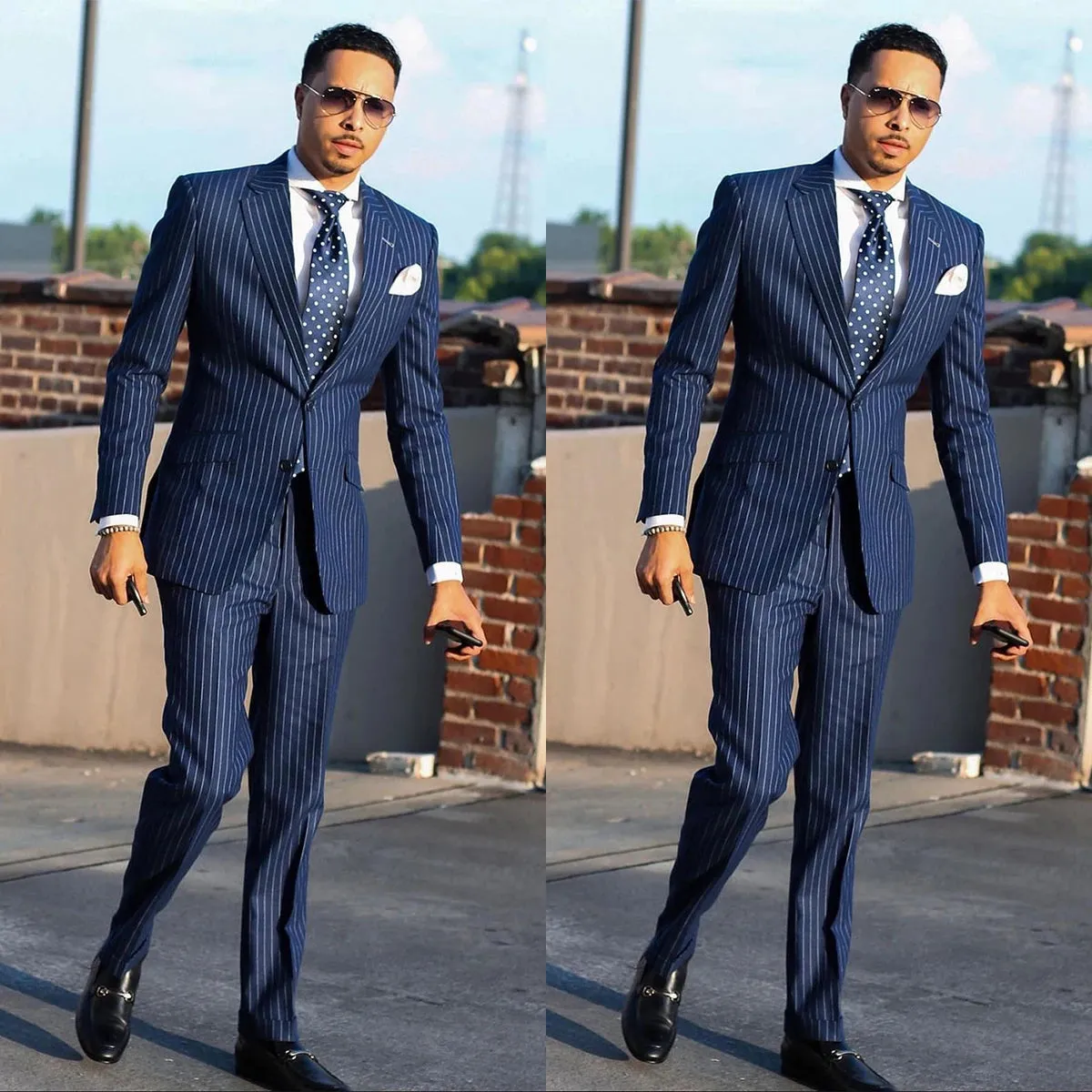 Aidase Navy Men's Suit 2 Pieces Blazer Pants Single Breasted Peaked Lapel Formal Pinstripes Wedding Groom Formal Tailored Costume Homme