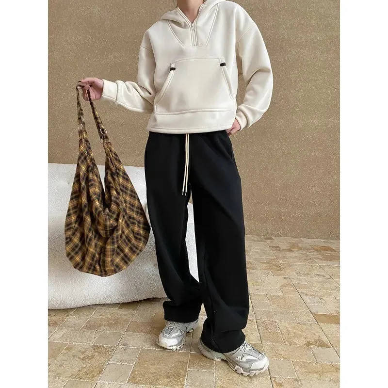 Amozae-Autumn Casual Outfits Amozae-Women's Fall Casual Sweatpant Contrasting Color Drawstring Elastic High Waisted Wide Leg Fleece Lined Sports Sweatpants