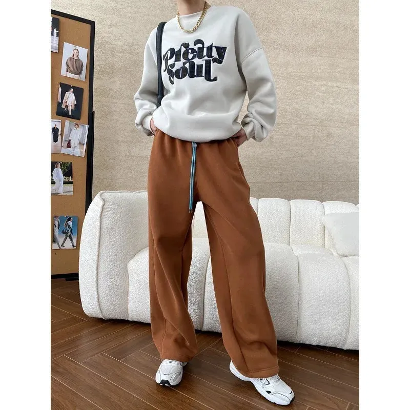 Amozae-Autumn Casual Outfits Amozae-Women's Fall Casual Sweatpant Contrasting Color Drawstring Elastic High Waisted Wide Leg Fleece Lined Sports Sweatpants