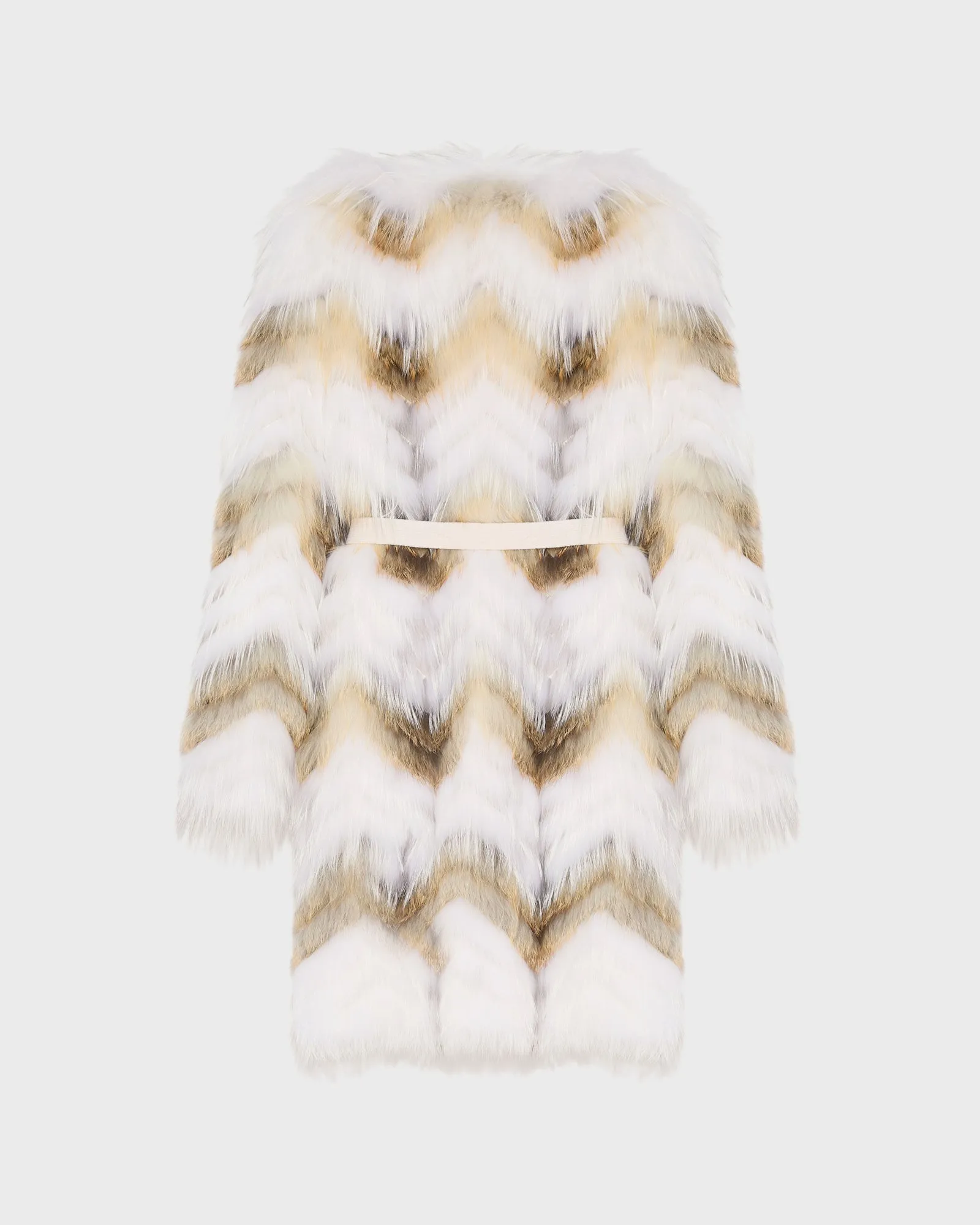 Belted coat in merino knit and fox fur