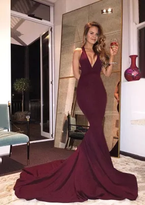 Burgundy Satin X Back Court Mermaid Plunging Sleeveless Prom Dress