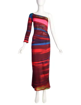 Christian Lacroix Vintage Multicolor Artsy Striped Pailette One Shoulder Body Con Dress