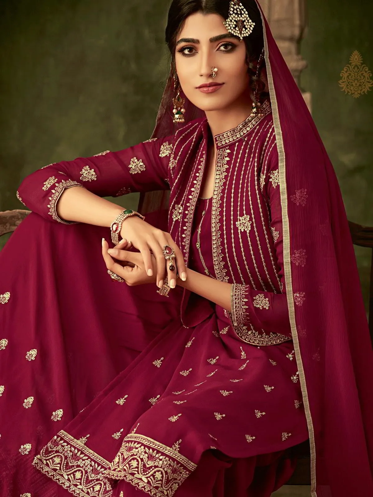 Dark Pink Golden Embroidered Koti Style Georgette Gharara Suit