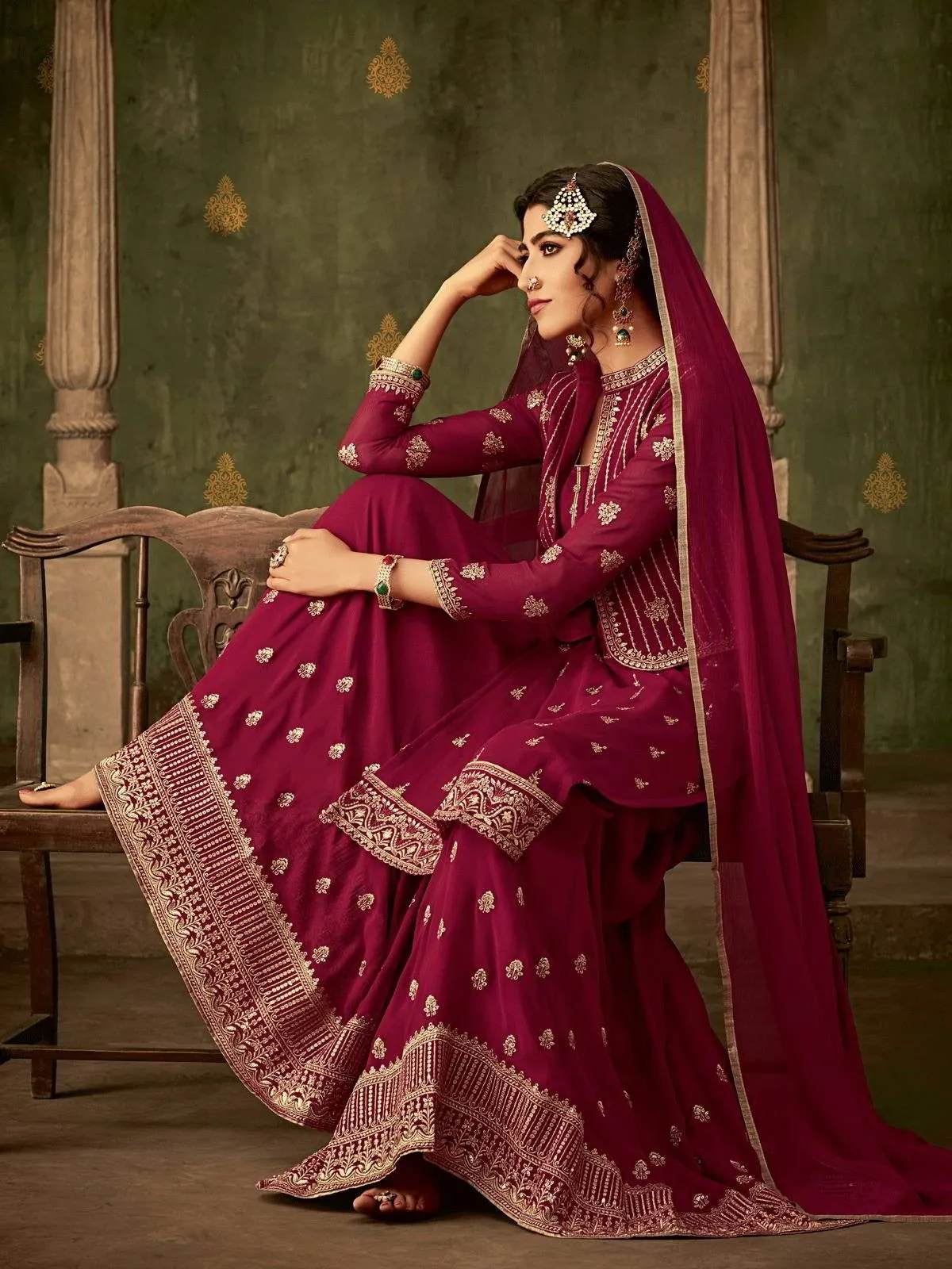 Dark Pink Golden Embroidered Koti Style Georgette Gharara Suit