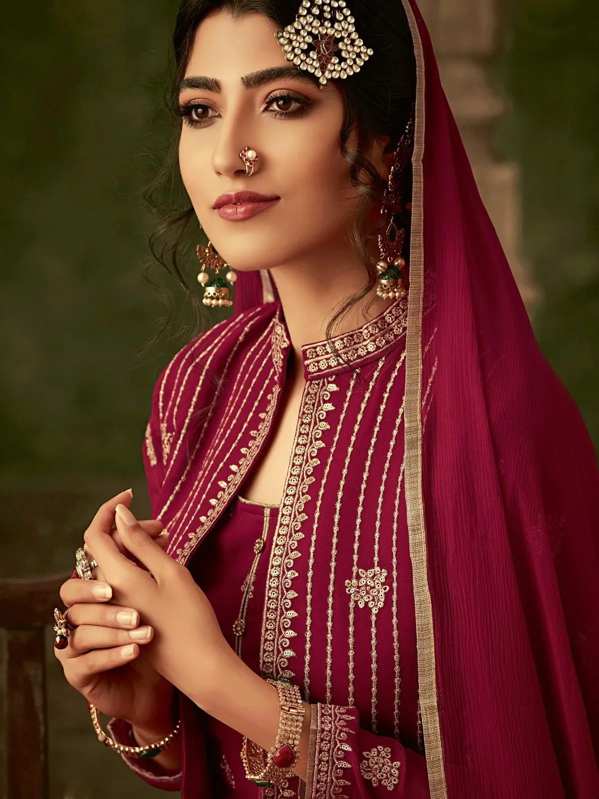 Dark Pink Golden Embroidered Koti Style Georgette Gharara Suit