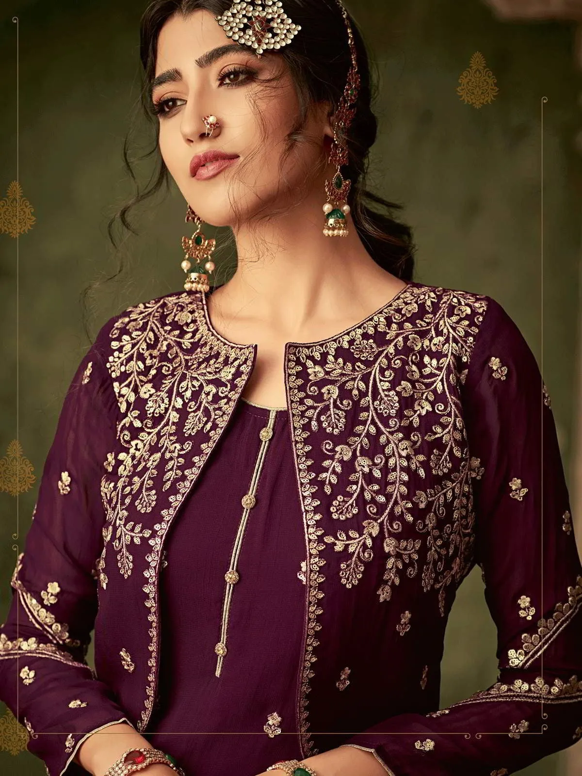Deep Purple Golden Embroidered Koti Style Georgette Gharara Suit