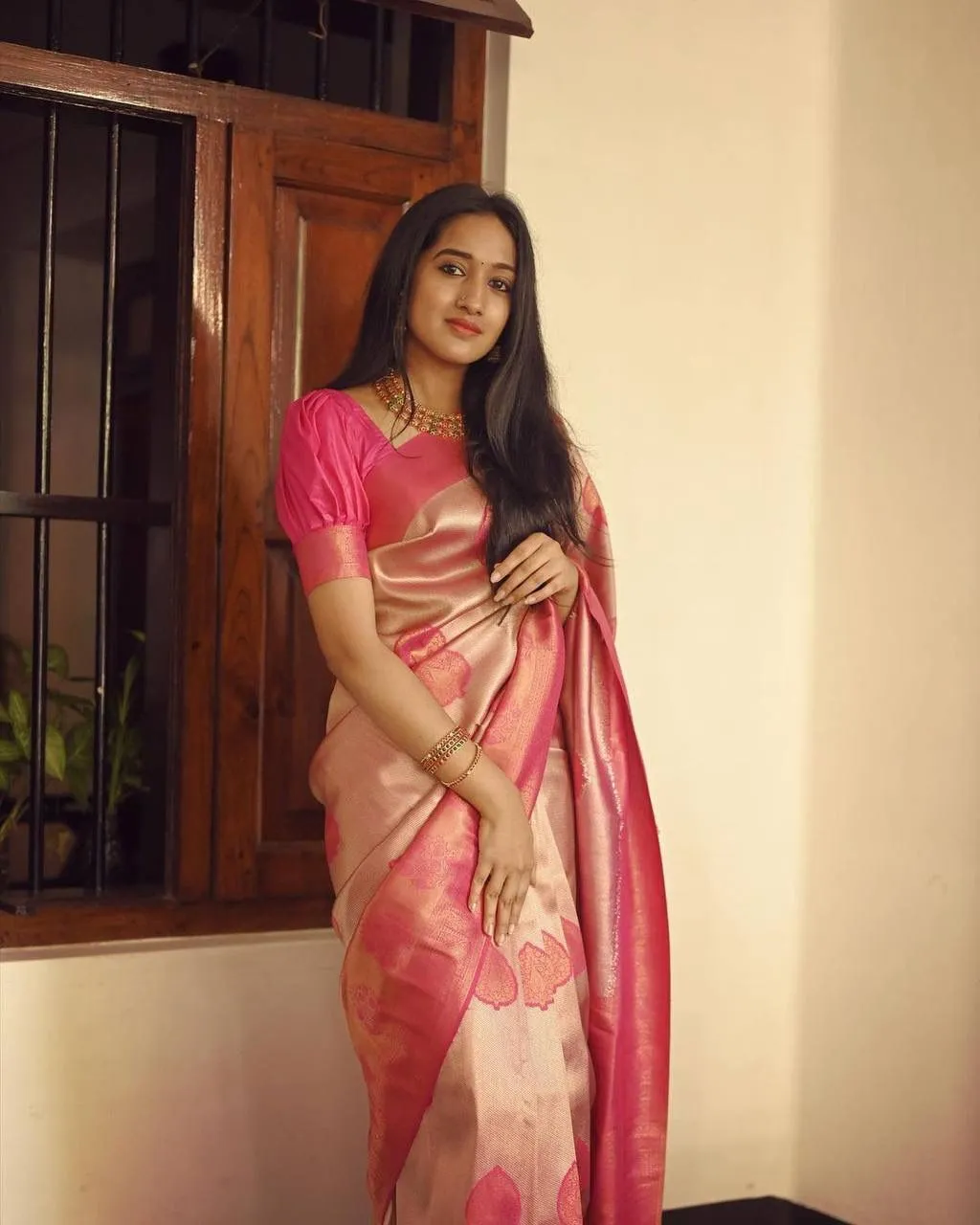 Flattering Peach Soft Silk Saree With Unique Blouse Piece