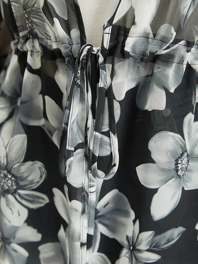 Floral Print Ties Front Crochet Lace Kimono