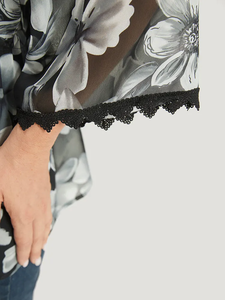 Floral Print Ties Front Crochet Lace Kimono