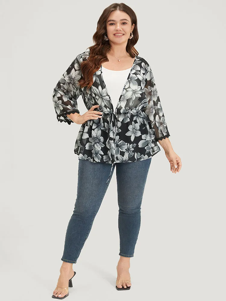 Floral Print Ties Front Crochet Lace Kimono