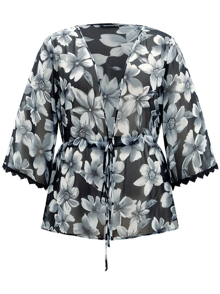 Floral Print Ties Front Crochet Lace Kimono