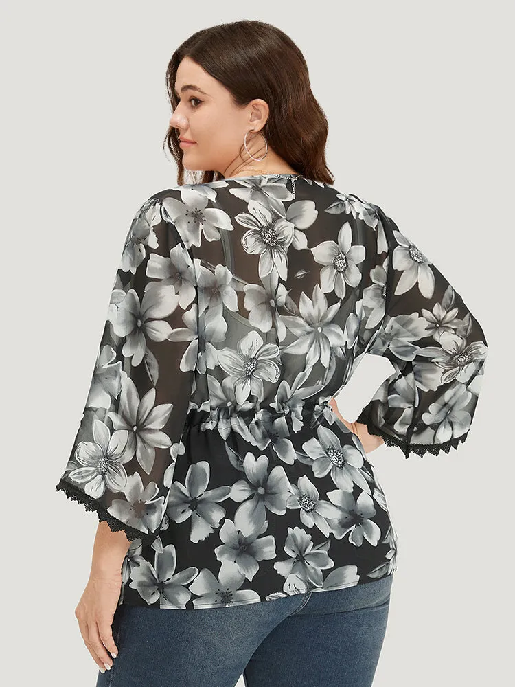 Floral Print Ties Front Crochet Lace Kimono