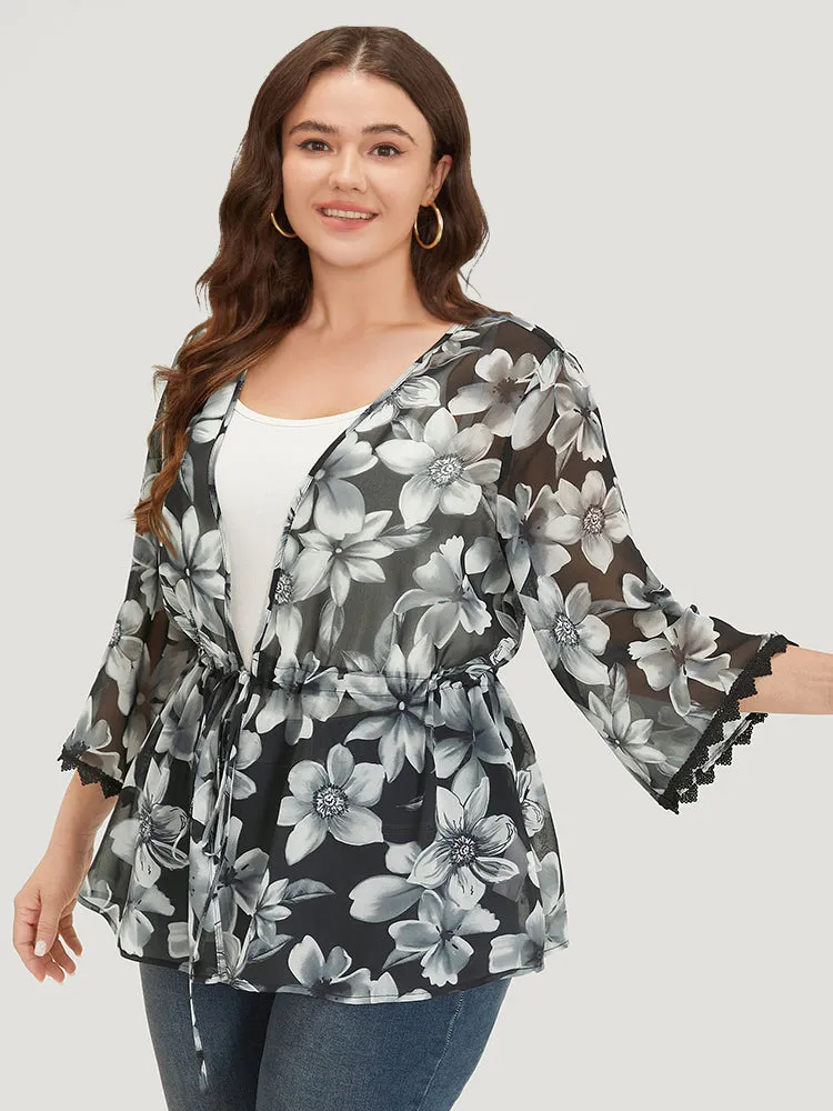 Floral Print Ties Front Crochet Lace Kimono