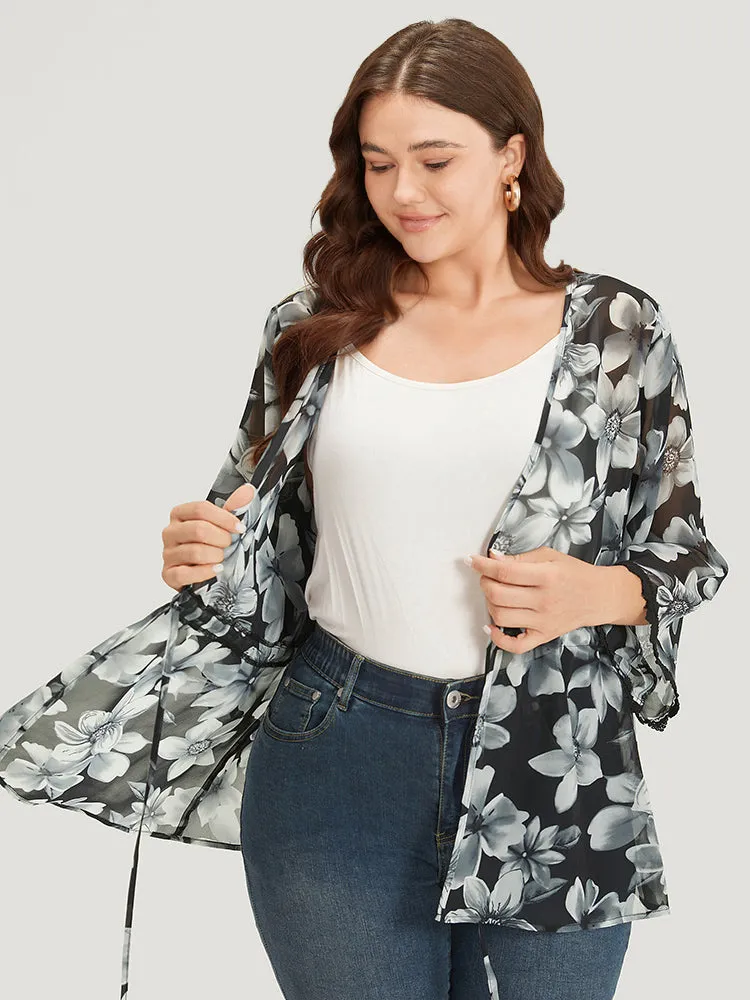 Floral Print Ties Front Crochet Lace Kimono