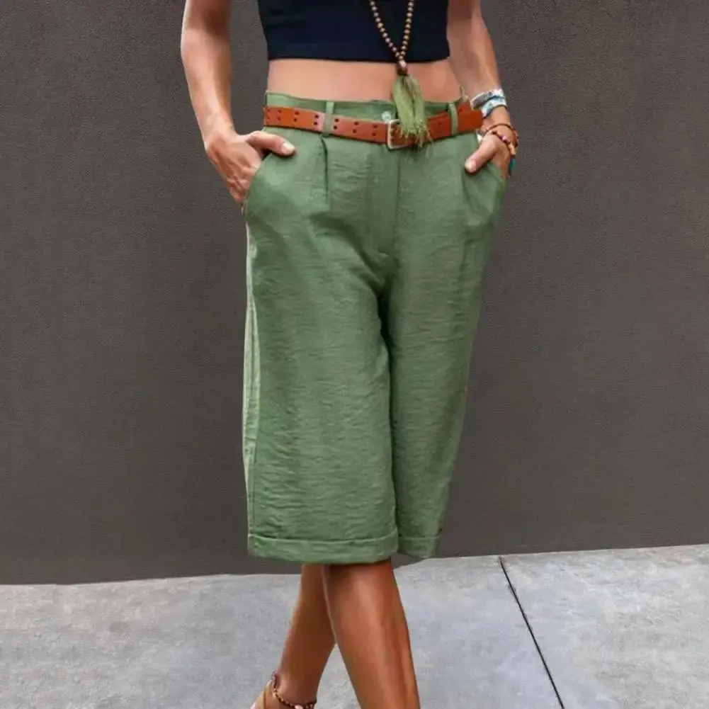 FLYTONN-Trendy Knee-Length Shorts Straight Wide Leg Sweat Absorption Lightweight Women Pure Color Short Sweatpants