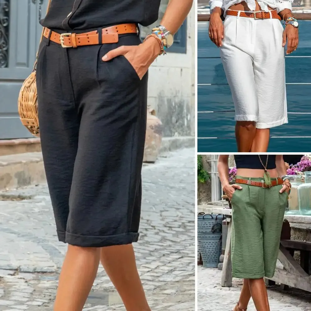 FLYTONN-Trendy Knee-Length Shorts Straight Wide Leg Sweat Absorption Lightweight Women Pure Color Short Sweatpants