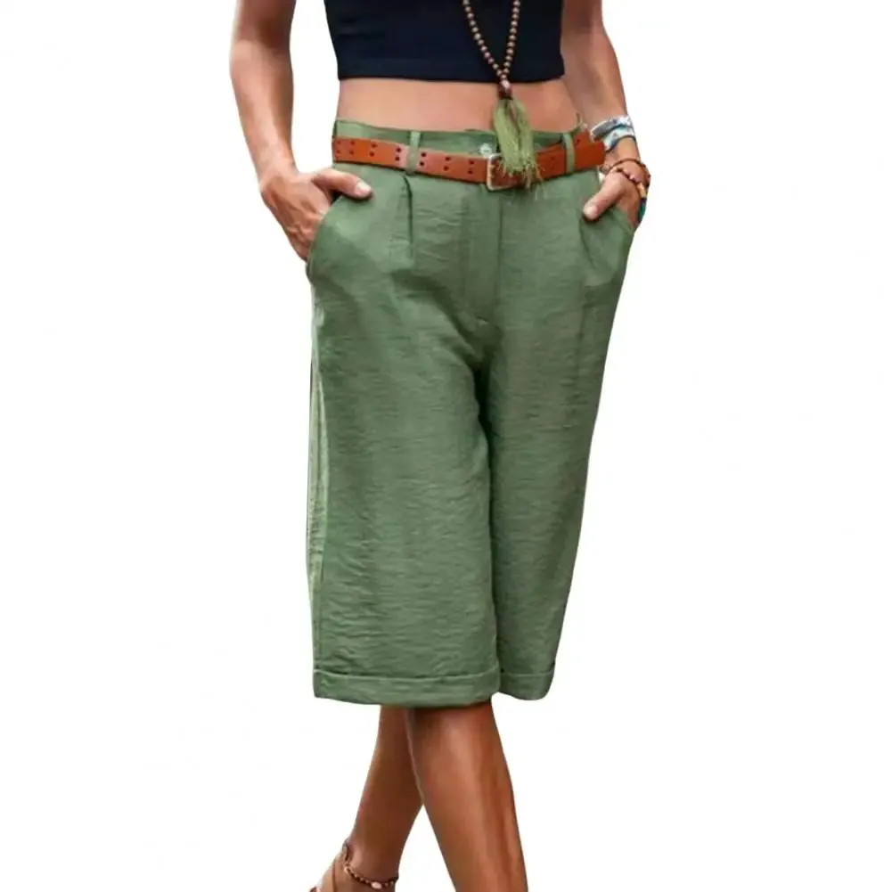 FLYTONN-Trendy Knee-Length Shorts Straight Wide Leg Sweat Absorption Lightweight Women Pure Color Short Sweatpants