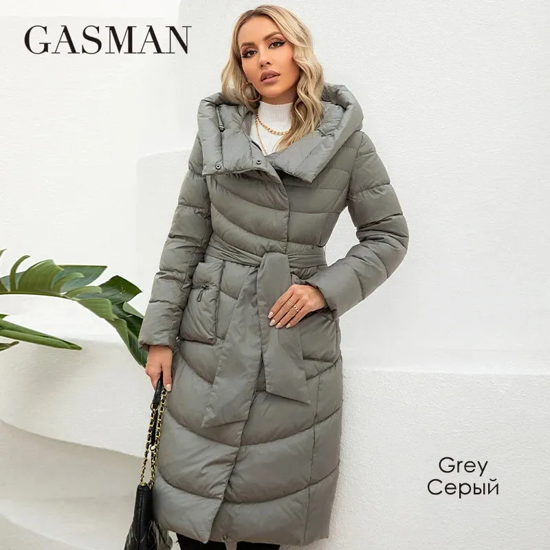 Gasman Mode Parkas Frauen lässig Kapuze Taschen gürtel Frauen Daunen jacke weibliche Mäntel Outwear