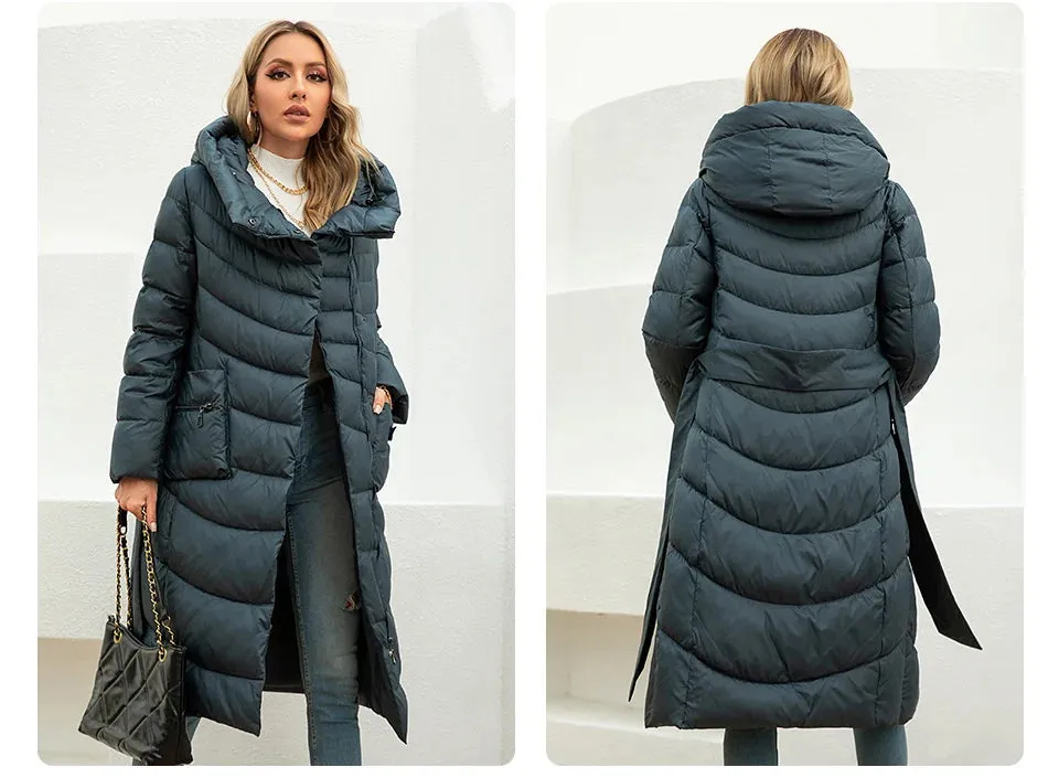 Gasman Mode Parkas Frauen lässig Kapuze Taschen gürtel Frauen Daunen jacke weibliche Mäntel Outwear