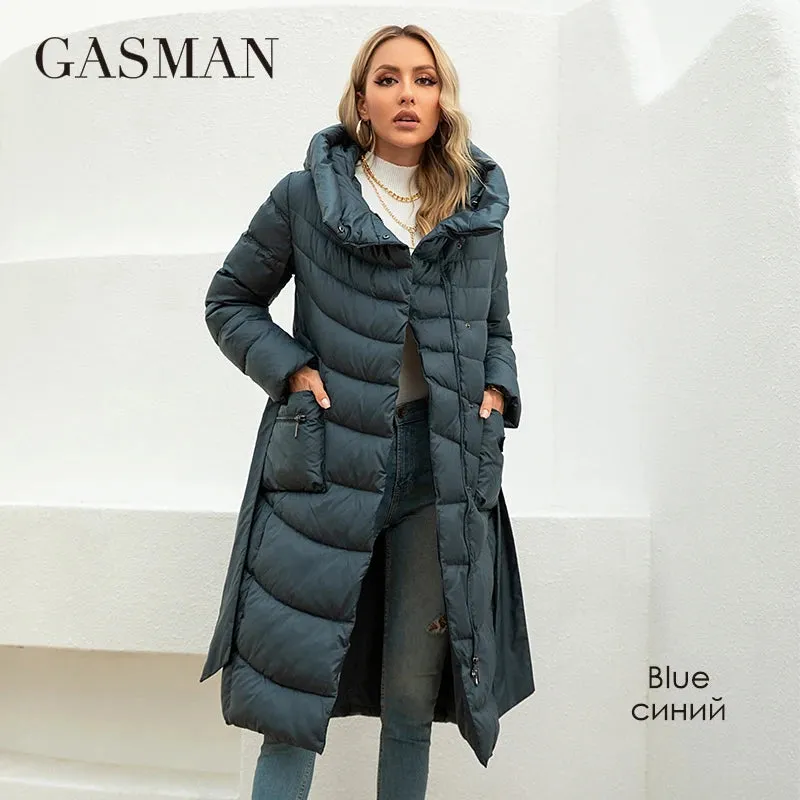 Gasman Mode Parkas Frauen lässig Kapuze Taschen gürtel Frauen Daunen jacke weibliche Mäntel Outwear