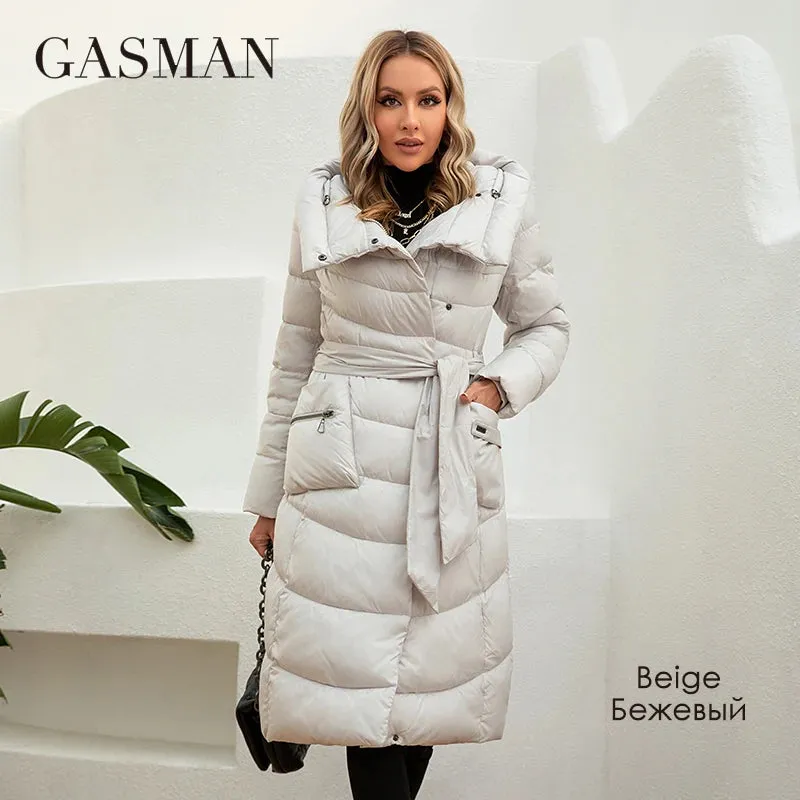 Gasman Mode Parkas Frauen lässig Kapuze Taschen gürtel Frauen Daunen jacke weibliche Mäntel Outwear