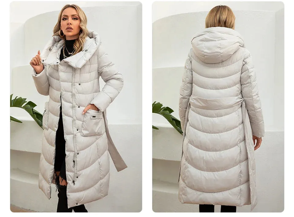 Gasman Mode Parkas Frauen lässig Kapuze Taschen gürtel Frauen Daunen jacke weibliche Mäntel Outwear