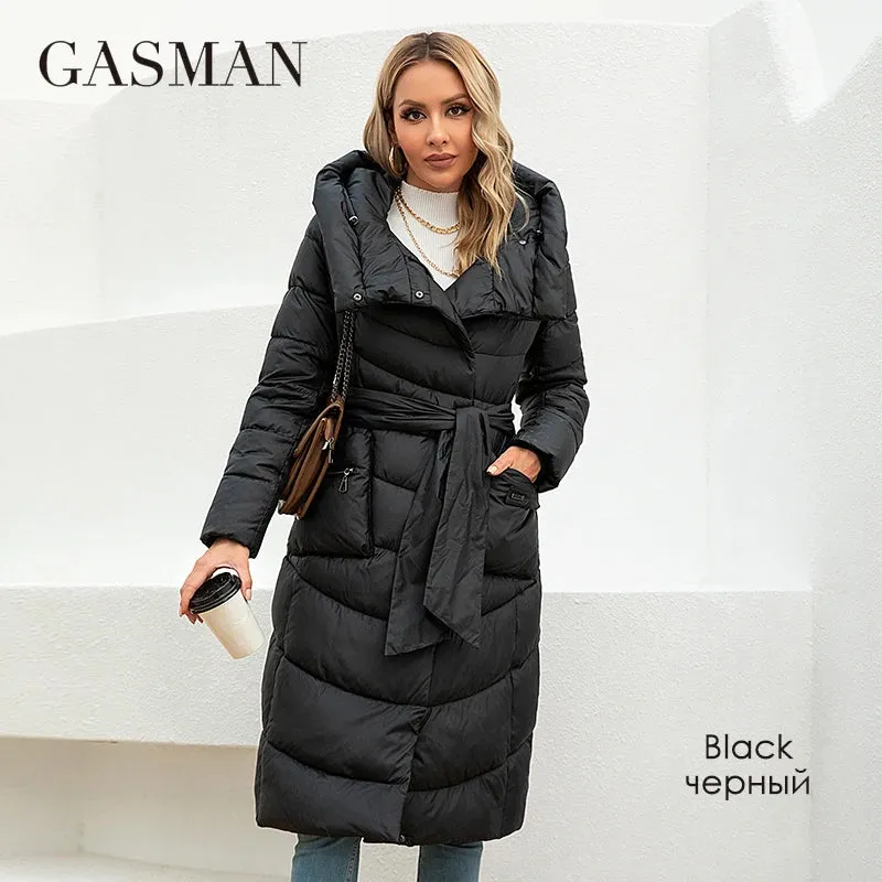 Gasman Mode Parkas Frauen lässig Kapuze Taschen gürtel Frauen Daunen jacke weibliche Mäntel Outwear