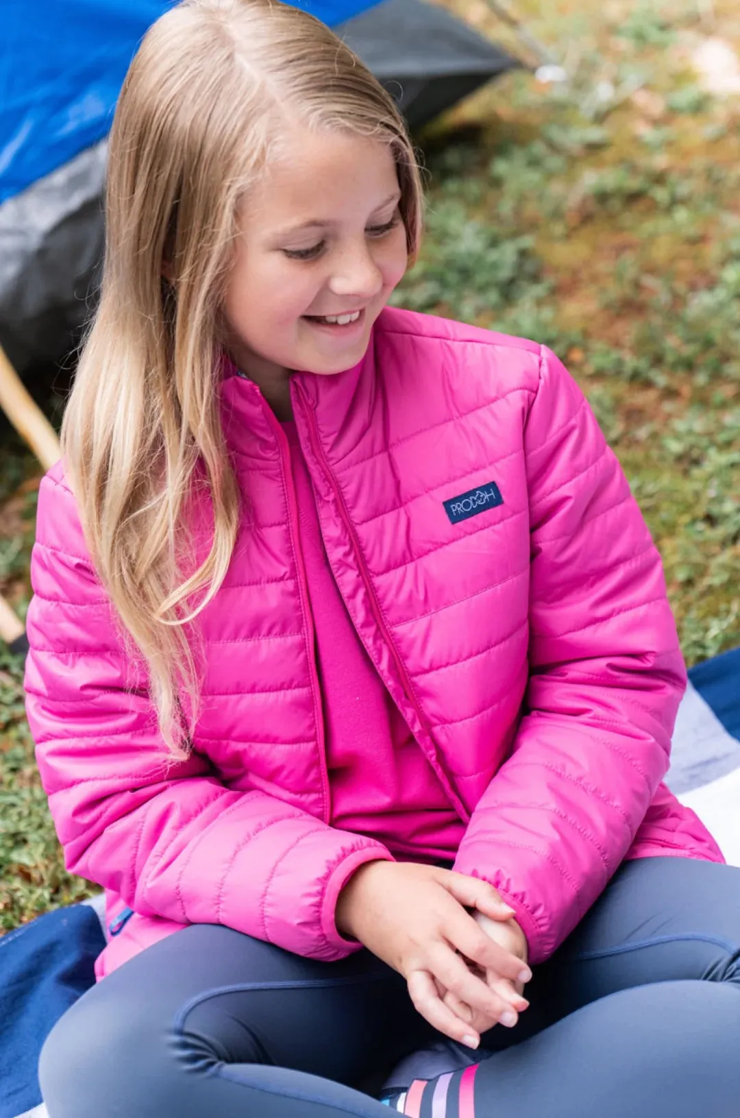 Girl's Puffer Jacket in Raspberry Rose Pink with Bigeye Tuna Print Liner