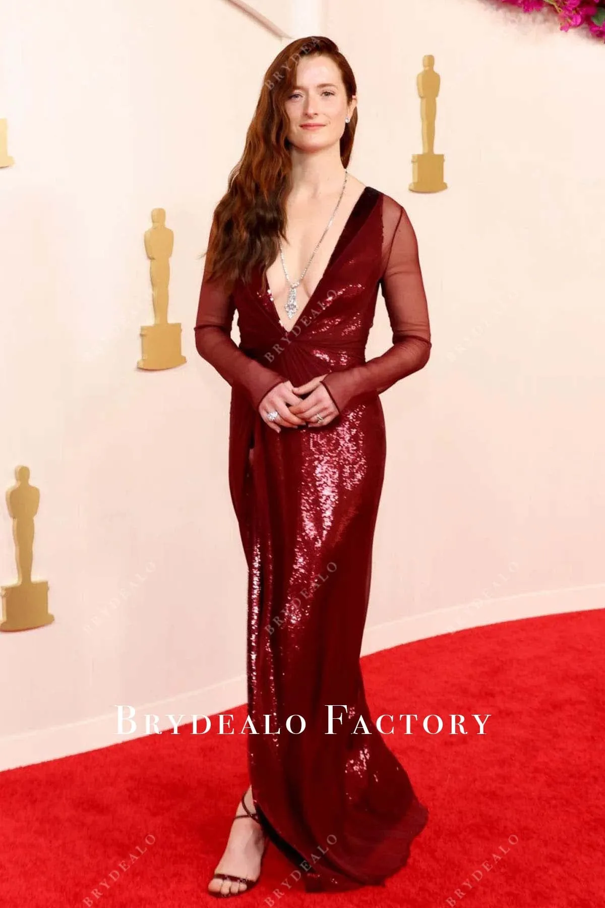 Grace Gummer 2024 Oscars Burgundy Plunging Red Carpet Dress