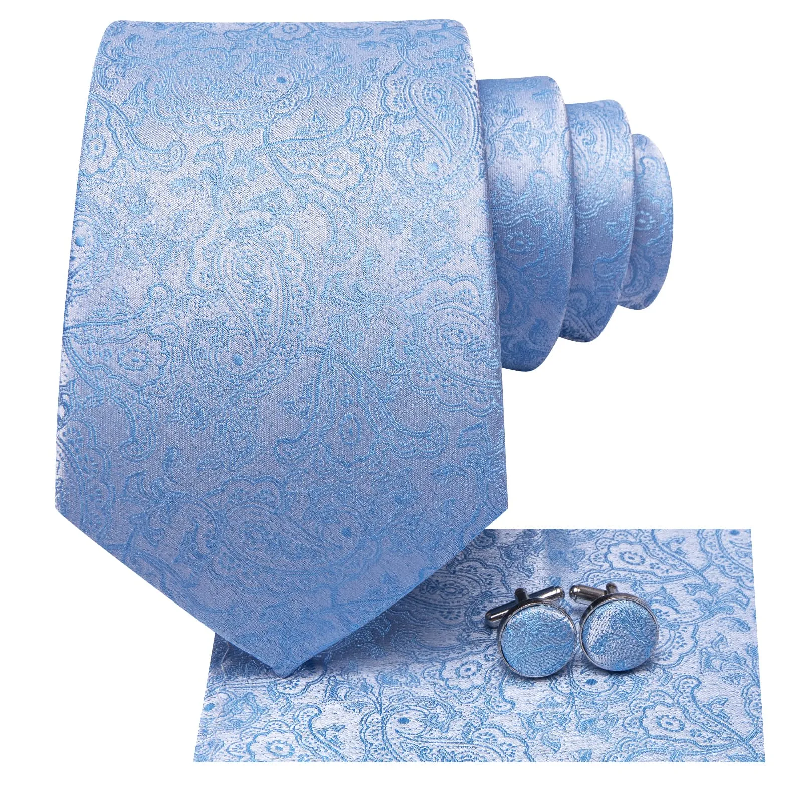 Hi-Tie Baby Blue Paisley Silk Mens Tie Handkerchief Cufflinks Set