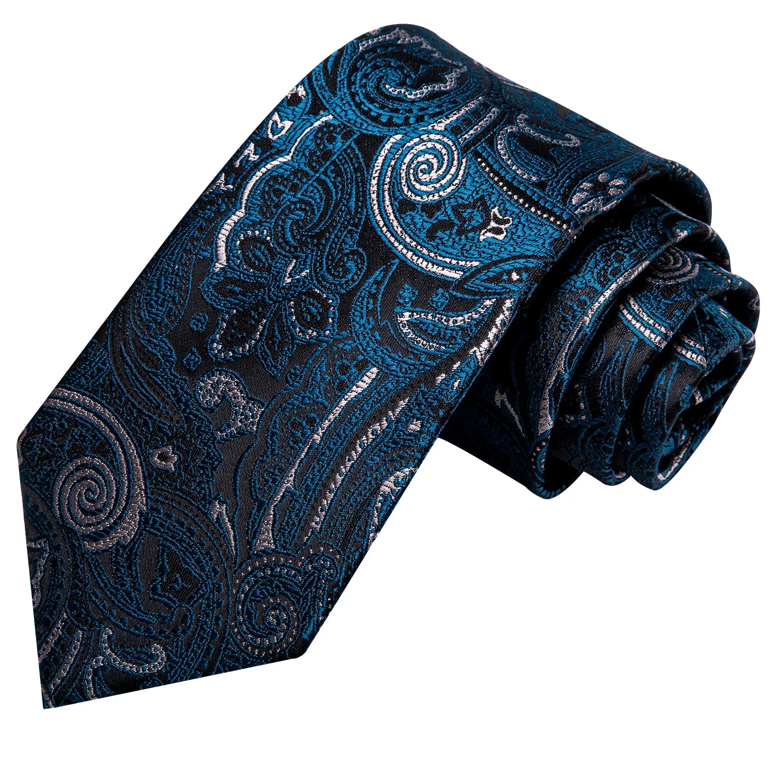 Hi-Tie Black Blue Jacquard Floral Mens Tie Pocket Square Cufflinks Set