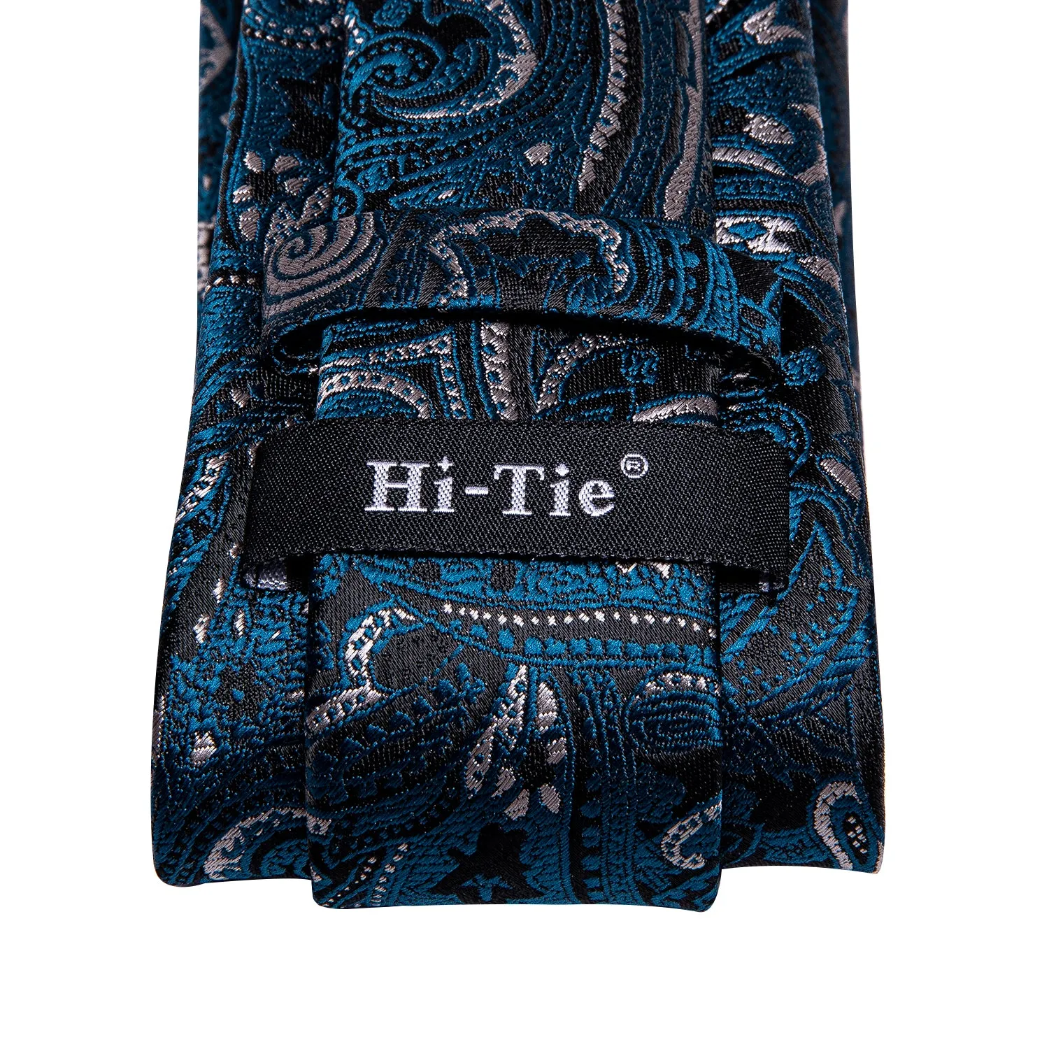 Hi-Tie Black Blue Jacquard Floral Mens Tie Pocket Square Cufflinks Set
