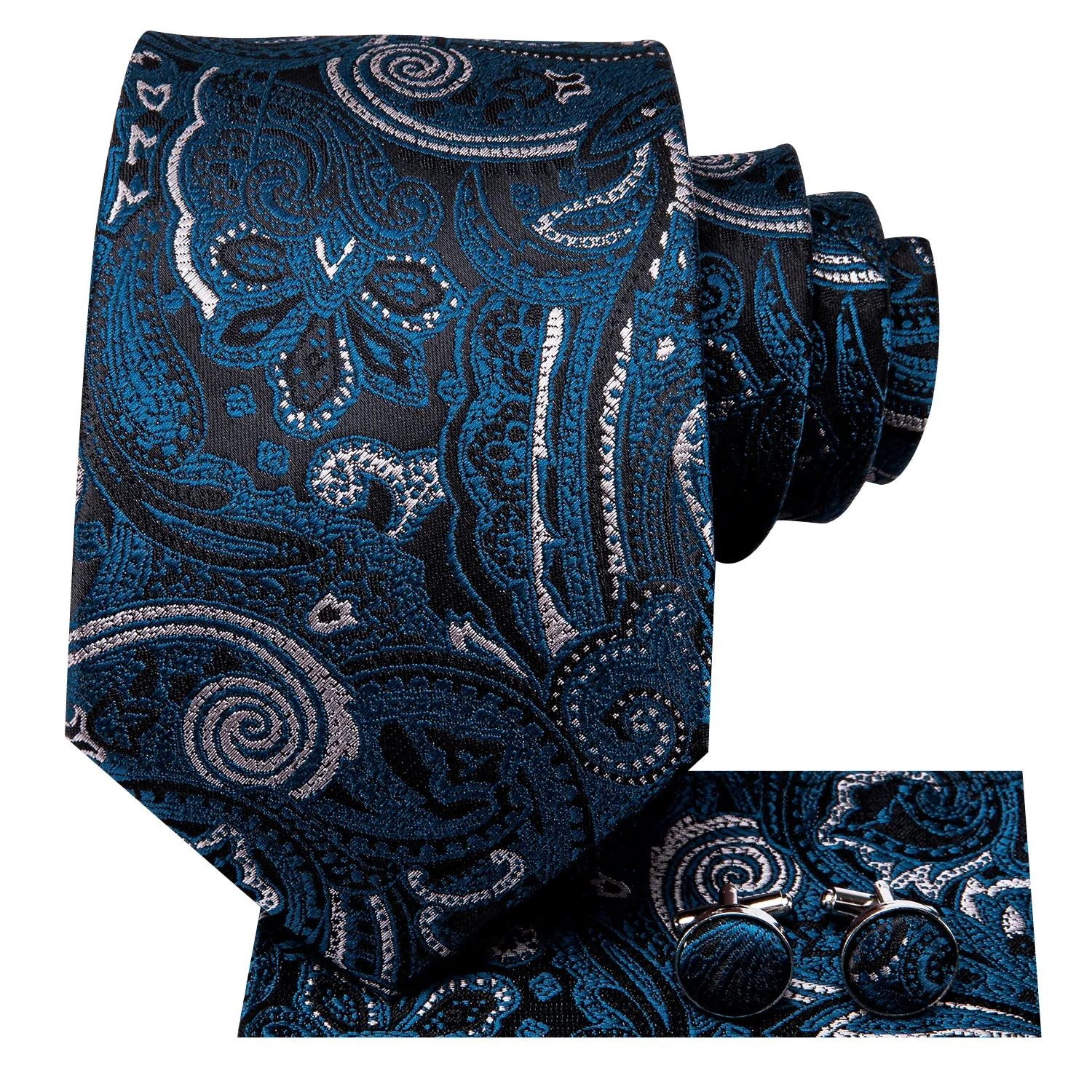 Hi-Tie Black Blue Jacquard Floral Mens Tie Pocket Square Cufflinks Set