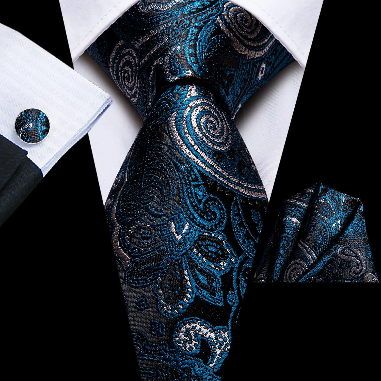 Hi-Tie Black Blue Jacquard Floral Mens Tie Pocket Square Cufflinks Set