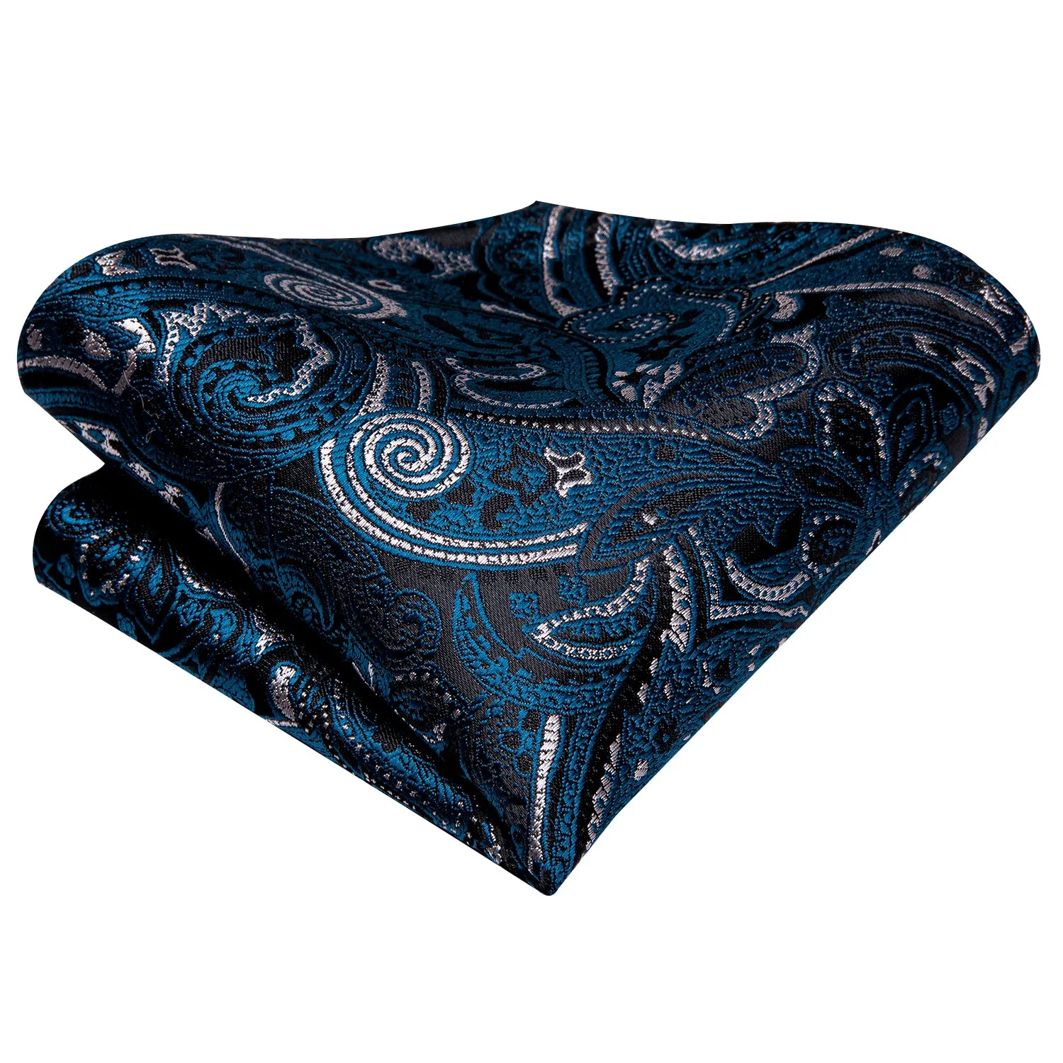 Hi-Tie Black Blue Jacquard Floral Mens Tie Pocket Square Cufflinks Set