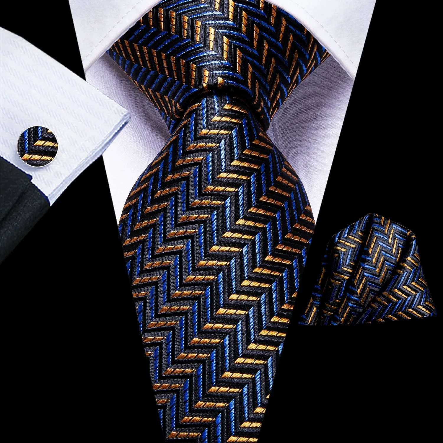 Hi-Tie Black Golden Striped Men's Necktie Set with Wedding Brooch