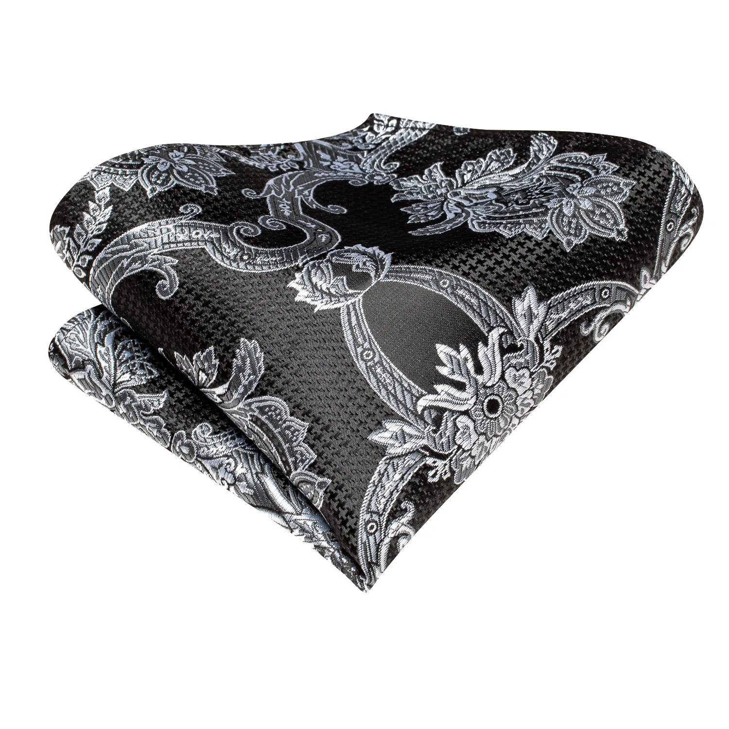 Hi-Tie Black Tie White Grey Floral Necktie Pocket Square Cufflinks Set