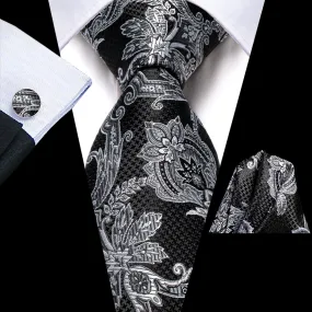 Hi-Tie Black Tie White Grey Floral Necktie Pocket Square Cufflinks Set