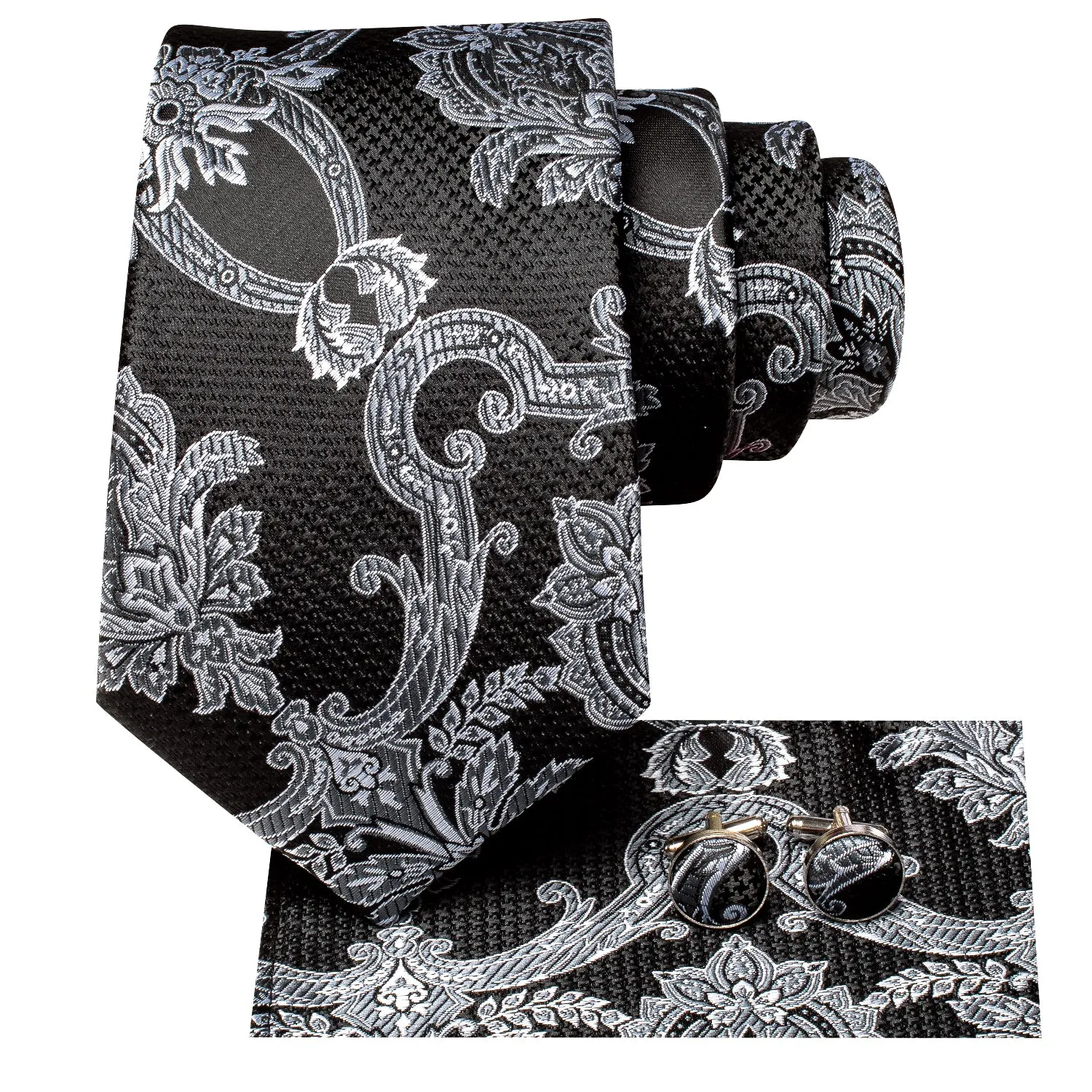 Hi-Tie Black Tie White Grey Floral Necktie Pocket Square Cufflinks Set