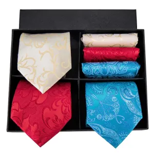 Hi-Tie Blue Red Champagne Floral Tie Pocket Square Cufflinks Gift Box Set Hi-Tie Blue Red Champagne Floral Tie Pocket Square Cufflinks Gift Box Set