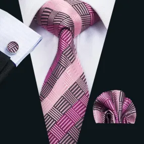 Hi-Tie Blush Pink Tie Geometric Plaid Tie Pocket Square Cufflinks Set
