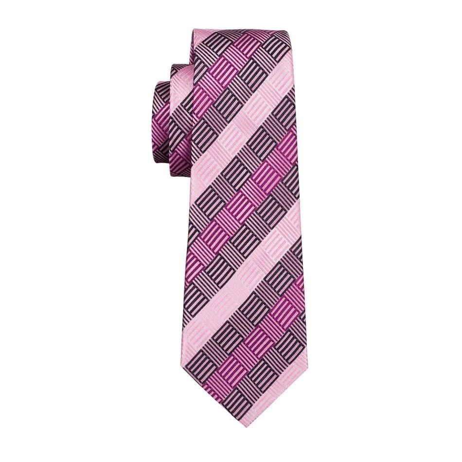 Hi-Tie Blush Pink Tie Geometric Plaid Tie Pocket Square Cufflinks Set