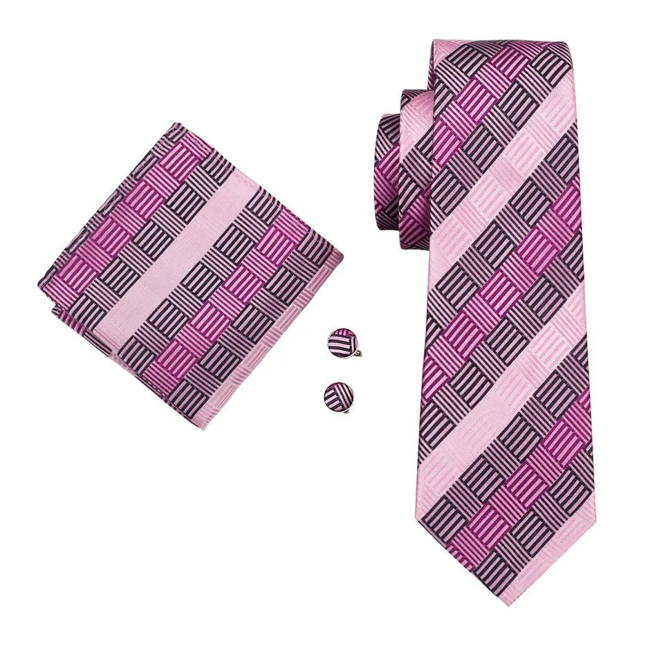 Hi-Tie Blush Pink Tie Geometric Plaid Tie Pocket Square Cufflinks Set