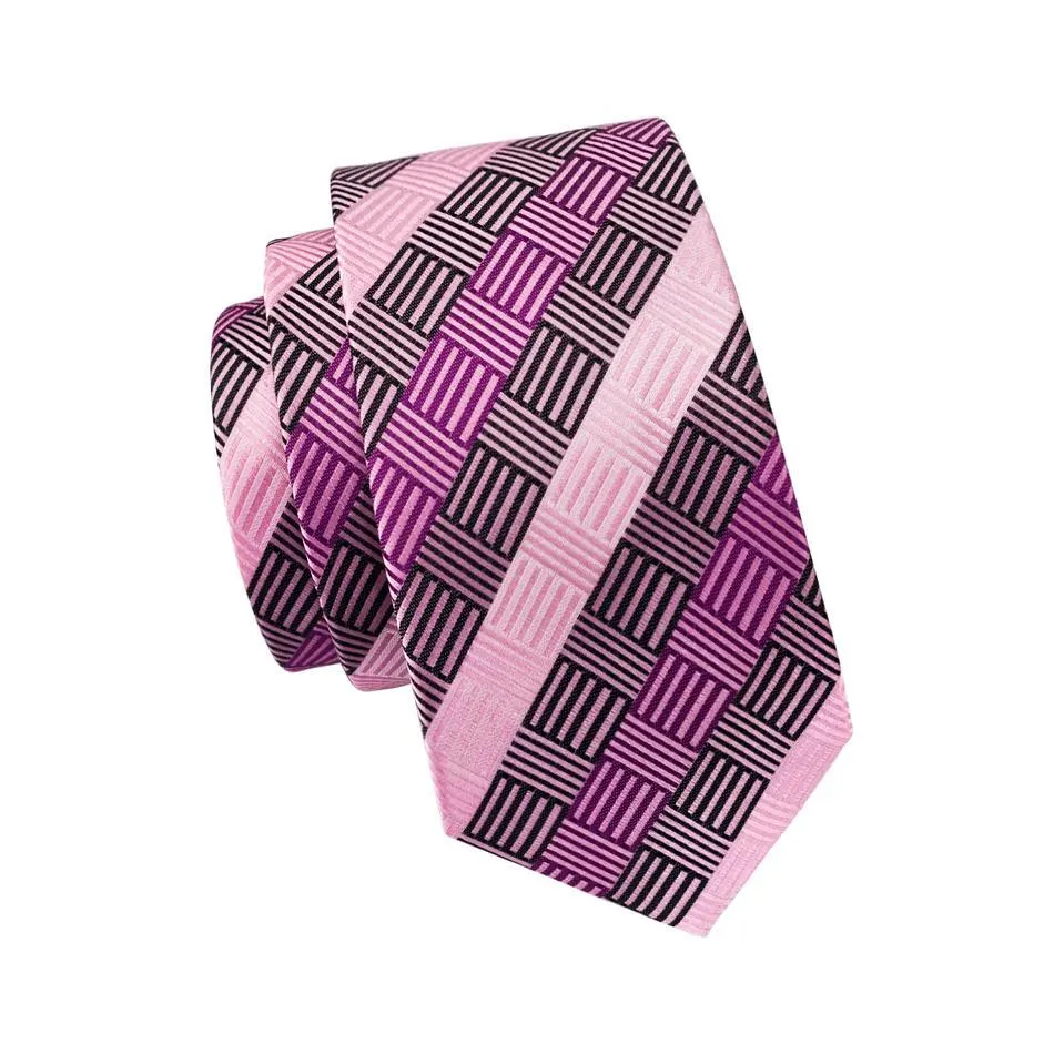 Hi-Tie Blush Pink Tie Geometric Plaid Tie Pocket Square Cufflinks Set