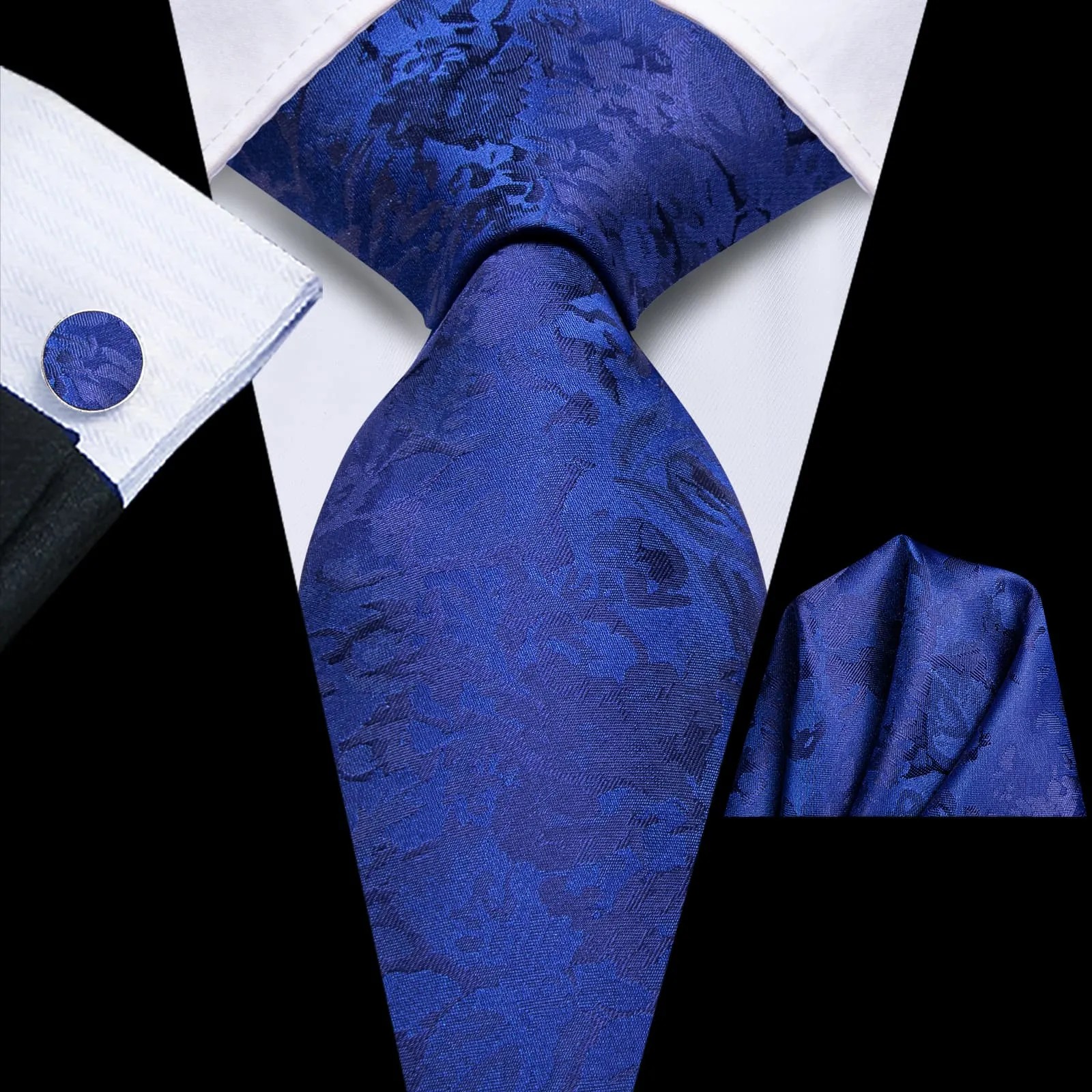 Hi-Tie Cerulean Blue Floral Silk Mens Tie Handkerchief Cufflinks Set